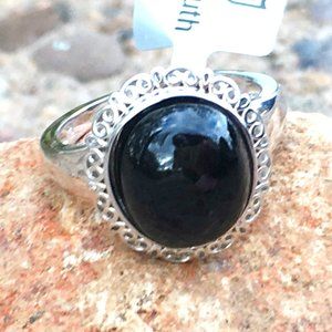 Genuine Black Tourmaline Cabochon Ring .925 Sterling Silver Size 5, 7 or 9
